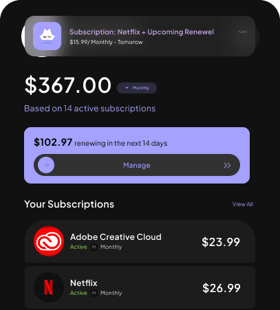 Subscription dashboard with monthly spend, renewals, and active plans