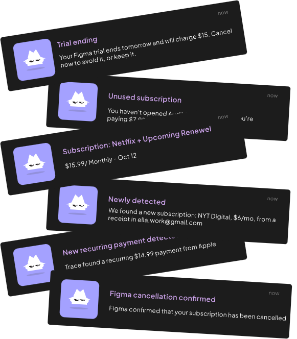 Alerts for a trial ending, an unused subscription, a Netflix renewal, a new charge, and a confirmed cancellation.