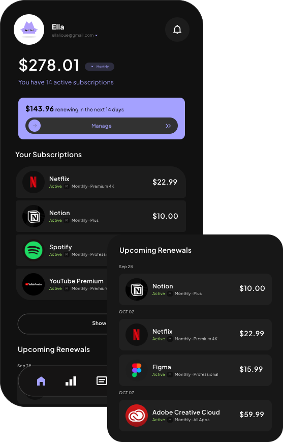 Home screen showing $278.01 a month and upcoming renewals for Notion, Netflix, Figma, and Adobe.