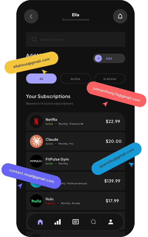 Subscription list with email accounts tagged across Netflix, Claude, FitPulse, Disney+, and Hulu.