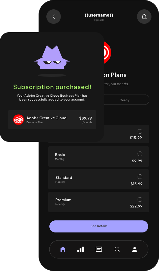 Subscription purchased confirmation over the plan list.
